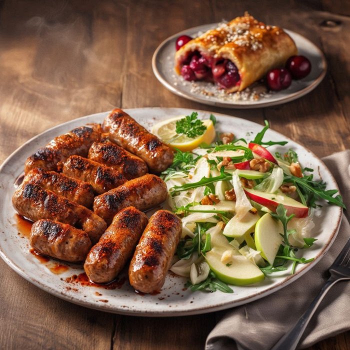 Argentinski ćevapčići i salata od jabuka, za desert Štrudl s višnjama i grizom