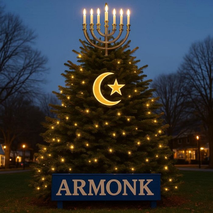 Islamska zvijezda i polumjesec na božićnom drvcu zajedno s menorom