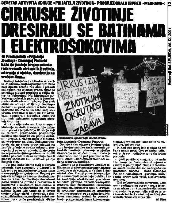 Poziv na prosvjede protiv maltretiranja životinja u cirkusu