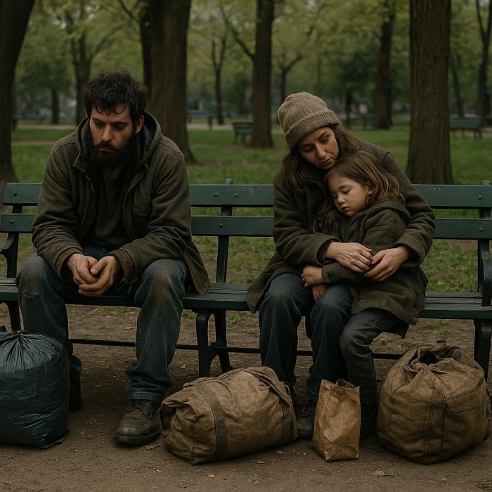 Obitelj stanuje na klupama u parku