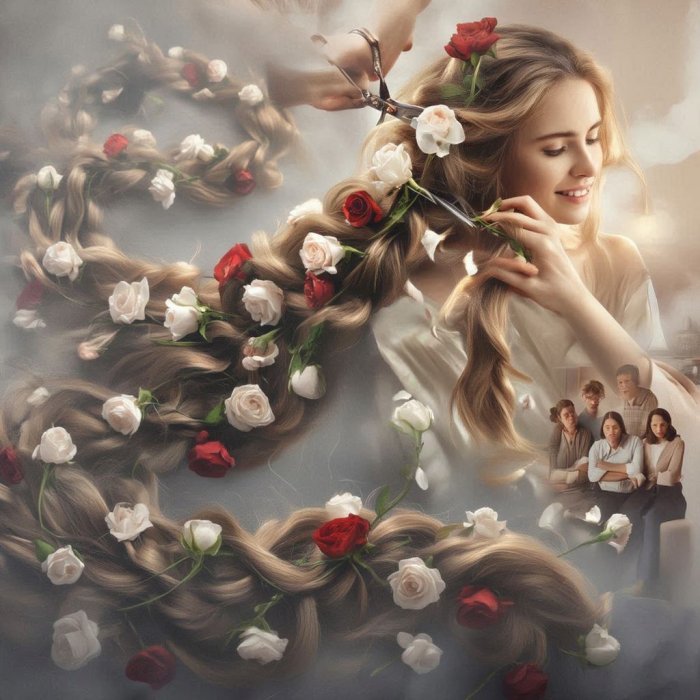 Duga kosa, bijele i crvene ruže